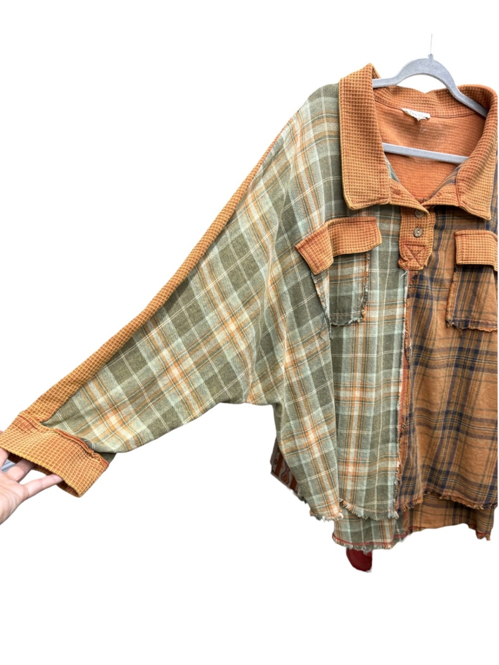 Oli & Hali Boho Patchwork Mixed Plaid Waffle Knit Raw Hem Oversized Shacket Top - Picture 2 of 9